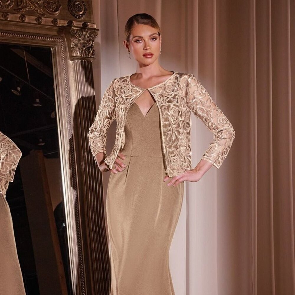 New Formal Sleeveless Sheath Glitter Crepe Gown w/ Removable Jacket CD J881